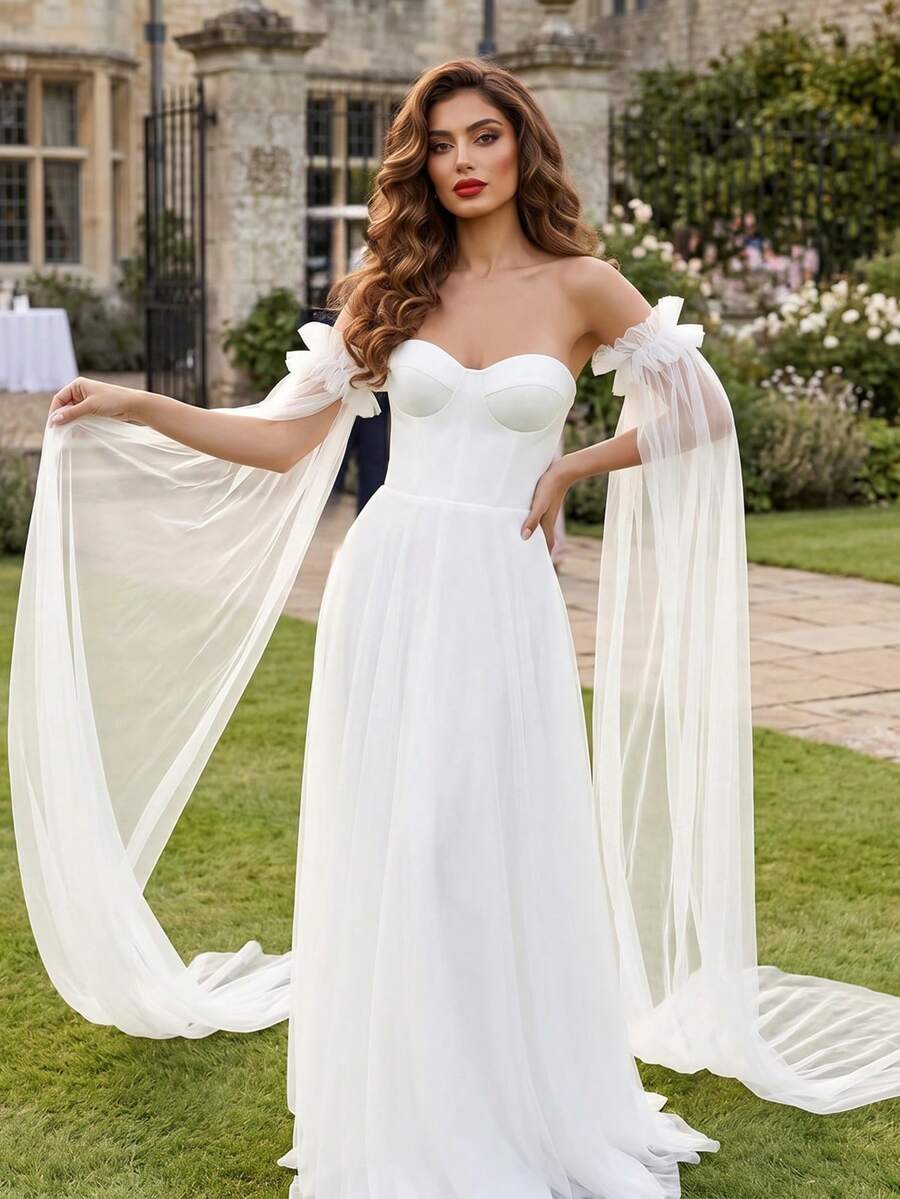 1 Pair Detachable Long White Tulle Bridal Sleeves With Pearl Buttons, Suitable For Wedding, Bridal Photography, Can Be Used As Party Dress Accessory