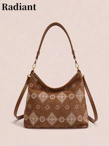 2026新款時尚經典百搭字母圖案裝飾設計純色PU防水布料肩背半月包腋下包，適合購物，也可斜背 - 棕色 - 查看 9
