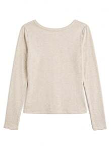 Women's Solid Color Button Half-Placket Long Sleeve Casual T-Shirt - Off-white - View 3