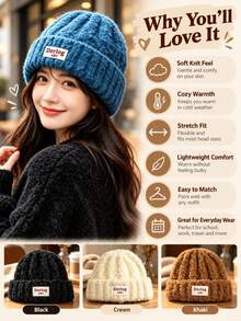 Women's Soft Plush Ribbed Knit Beanie, Warm Elastic Cuffed Winter Hat With Label Patch, Fuzzy Cuffed Hat, One Size Casual Cold Weather Hat, Suitable For Daily Wear, Outdoor Travel, Skiing, Autumn/Winter Accessory - Plush - View 5