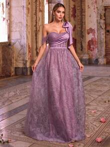 Anpoket New Off-Shoulder Elegant Evening Dress, Pearl Decor, Pleated Bow Ruffle Hem Mesh Dress, Summer - Purple - View 1