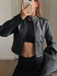 Livesso 女款純色修身立領拉鍊長袖PU夾克，休閒街頭風，春秋款，適合上學與度假 - 黑色 - 查看 5