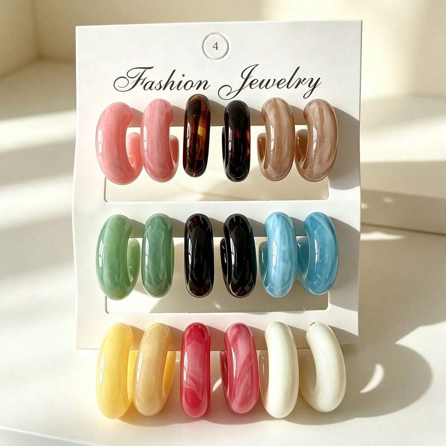 1 Pair / 9 Pairs New Resin Colorful Bold C-Shaped Hoop Earring Set, Bohemian Style Jewelry, Suitable For Daily Wear And Parties - Multicolor - View 1