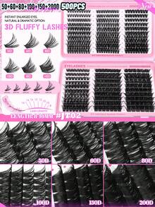 GROINNEYA 570/500Pcs D-Curl High Capacity DIY Lash Kit With Bond And Seal And Lash Applicator Tool Fake Lashes Book Mix Style Dense Lash Clusters 8-16mm Mixed Length 3D Individual Lashes SetNatural Eye Makeup,Suitable For Daily And Date Makeup - Black - View 12