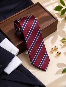 1pc 8cm Dark Red & Blue Diagonal Stripe High-Density Woven Business Tie, Unisex - Multicolor - View 2