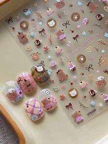 Cartoon Dessert Bear Nail Stickers, 3D Embossed Cake, Donut, Bow Cute Style Nail Decals - Multicolor - View 6