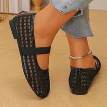 Sepatu Flat Mary Jane Jala Bernapas Musim Panas Ujung Bulat Potongan Dangkal Elastis Slip-On Kasual Wanita Slip-On - Hitam - View 5