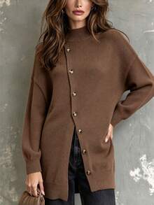 Plus Size Solid Color Asymmetrical Button Crew Neck Knit Pullover Sweater With Asymmetrical Hem - Brown - View 7