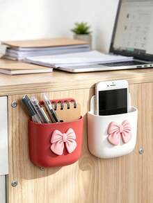 Cute Bow Wall-Mounted Storage Box, Adhesive/Screw Installation, Multi-Functional Plastic Storage Box, Suitable For Bedroom, Can Store Phone, Remote Control, Space-Saving Small Item Decorative Organizer - Multicolor - View 6