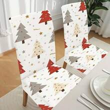2Pcs/4Pcs/6Pcs Christmas Chair Covers, Simple Christmas Tree & Star Print Stretch Dining Chair Slipcovers, Removable Washable Chair Protector For Xmas Home Dining Room Decor - Beige - View 8