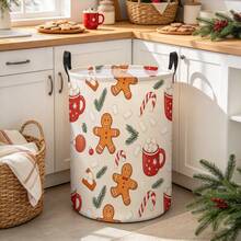 Christmas Gingerbread Man Patterned Laundry Basket, Foldable Round Storage Bin, Dirty Clothes Hamper With Christmas Hot Cocoa And Candy Cane Design, With Handles For Home Storage - Orange - View 4