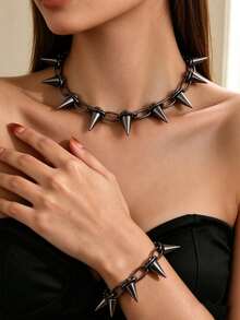 1pc Punk Studded Choker Necklace, Y2K Rock Style Chunky Chain Neck Decor, Suitable For Women's Party And Daily Wear, Music Festival Dance Party Accessory, Halloween Accessory (Material Is CCB Plastic, Relatively Lightweight) - Black - View 8