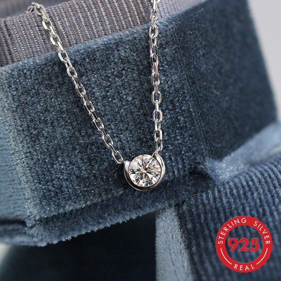 falinne 925 Sterling Silver Solitaire CZ Pendant Necklace, Simple Half Bezel Set Tiny Diamond Look Pendant Necklace, Elegant Daily Stackable For Ladies Gift - White Gold - View 1