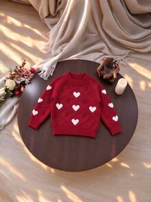 WUHUANG YIYI Girls 2-Piece Set Chinese Style Solid Color Cable Knit Diamond Texture White Heart Cable Raglan Sleeve Knit Sweater Top With Vertical Ribbed Black Knit Flared Long Pants Outfit, Festive Holiday Style, Versatile For Autumn/Winter - Red - View 4