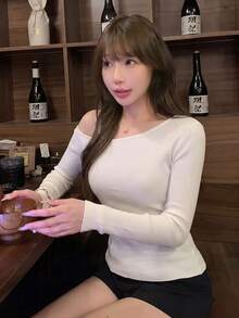 Asymmetrical Shoulder Asymmetric Knit Long Sleeve Slim Fit Flattering Solid Color Top For Women, Spring/Autumn, Sweet & Spicy Style - White - View 5