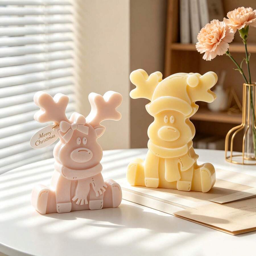 1 Set 2pcs Durable Christmas Reindeer Candle Silicone Mold, Clay Mold, Perfect For Plaster, Concrete Mold, Christmas Reindeer Epoxy Resin Decor Mold, DIY Home Decor Mold - Multicolor - View 1