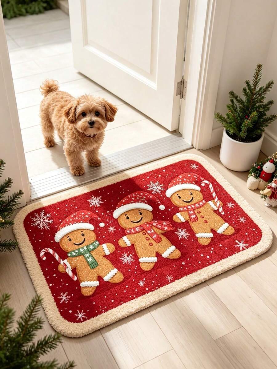 1pc Christmas Red Background Snowflake Gingerbread Man Plush Rug, Christmas Gift Decoration Rug, Bedroom Decor, Small Rug, Rug, Home Decor, Living Room Rug, Living Room Small Rug, Bedroom Rug, Living Room Home Decor, Outdoor Rug, Washable Rug - Multicolor - View 1