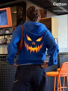 Autumn Casual Lightweight Hooded Sweatshirt, Halloween Graphic, Y2K Minimalist Style - Multi-blue 1 - View 7