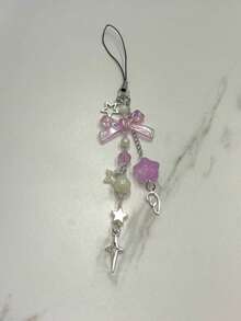 1pc Iridescent Pink Bow Phone Charm, Star & Angel Wing Metal Dangle, Faux Pearl Beaded Phone Lanyard For Girls - Multicolor - View 7