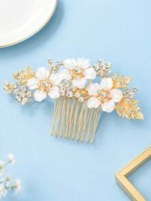 1pc Elegant Floral Rhinestone Hair Comb, Wedding Bridal Hair Accessory, Shiny Alloy Hair Clip, Suitable For Women's Party, Ball, Daily Styling - Multicolor - View 4