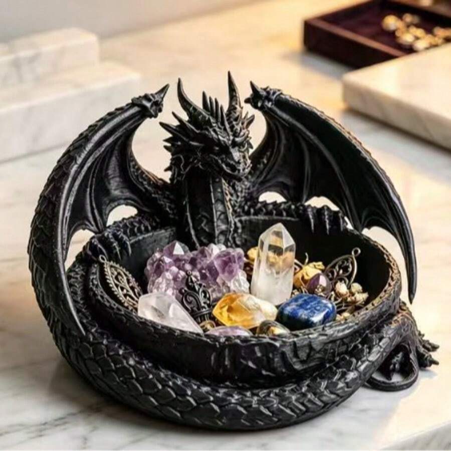 1 khay lưu trữ resin hình rồng xoắn màu đen, đĩa trưng bày tinh thể quặng phong cách phù thủy Gothic, hộp đựng đa năng cho trang sức, chìa khóa, đồng xu, quà tặng trang trí bàn làm việc tâm linh Wicca Altar - Nhiều màu - Xem 1