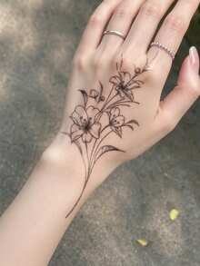STARTTOOS 1pc Black Ins Style Minimalist Floral Branch & Flower Pattern Party Gift DIY Holiday Gift Music Festival Temporary Waterproof Tattoo Sticker For Arm, Waist, Abdomen, Leg - Black - View 2