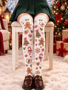 1 Pair Women's White Christmas Gingerbread Man Print Over-The-Knee Socks, Candy Cane & Christmas Tree Holiday Thigh-High Socks - White - View 4
