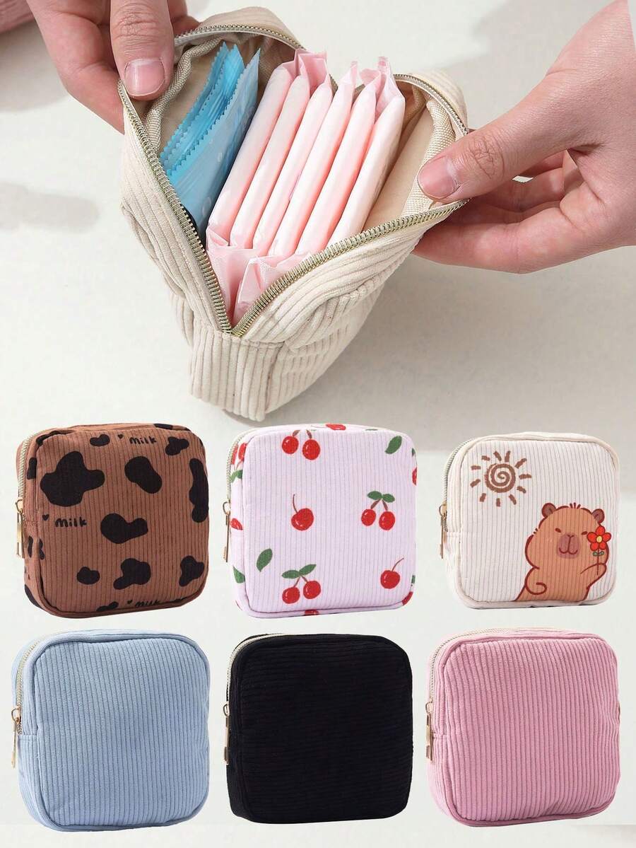 Sanitary Napkin Storage Bag, Corduroy Sanitary Napkin Storage Bag, Multi-Functional Storage Bag, Portable Storage Bag, Cosmetic Lipstick Bag, Portable Storage Bag, Cosmetic And Lipstick Storage Bag, Large Capacity Storage Bag For Sanitary Napkins - View 1