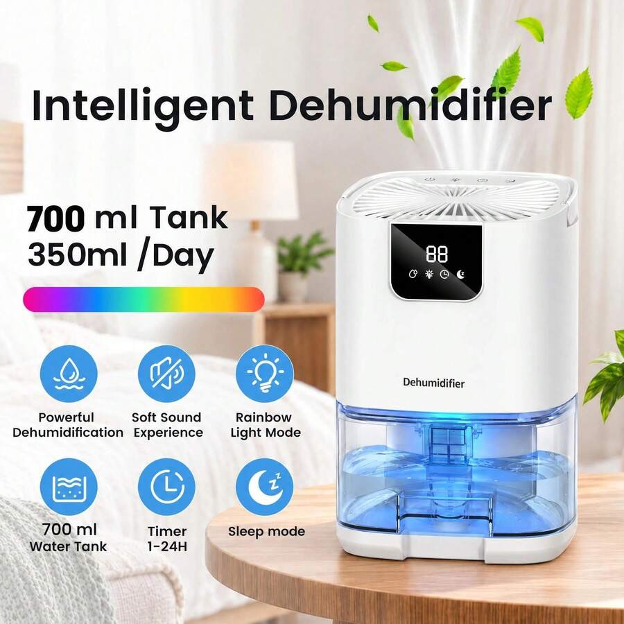 Máy hút ẩm mini gia đình bán dẫn ngưng tụ, di động, vận hành êm cho phòng ngủ, bình chứa nước 2200ml, màn hình LED lớn, đèn nền gradient 7 màu, hẹn giờ, chế độ ngủ, tự động tắt khi đầy - Phích cắm loại C của EU (220-240V) - Xem 1