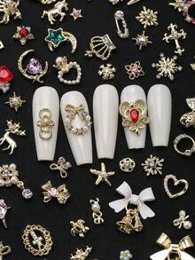5/10/20/36/58pcs Mixed Nail Art Decorations, Multiple Styles Available, Gold & Silver Mixed, Luxury Minimalist Metal Nail Accessories, Sparkling Rhinestones, Suitable For Multi-Functional DIY Decoration - Multicolor - View 4