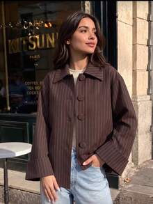 Women's Elegant Striped Long Sleeve Jacket, Suitable For Office Wear, Autumn - Brown - View 1