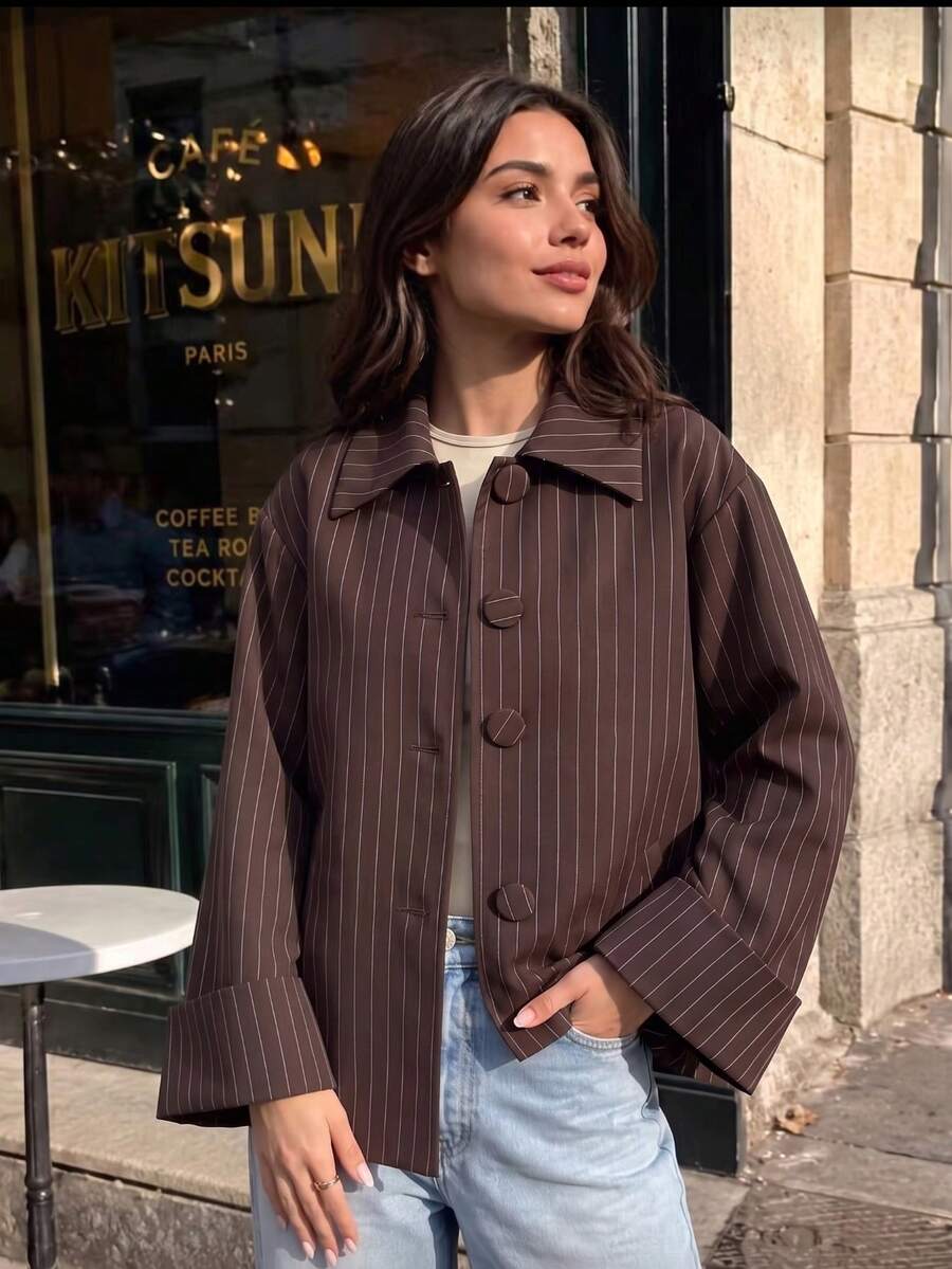 Women's Elegant Striped Long Sleeve Jacket, Suitable For Office Wear, Autumn - Brown - View 1