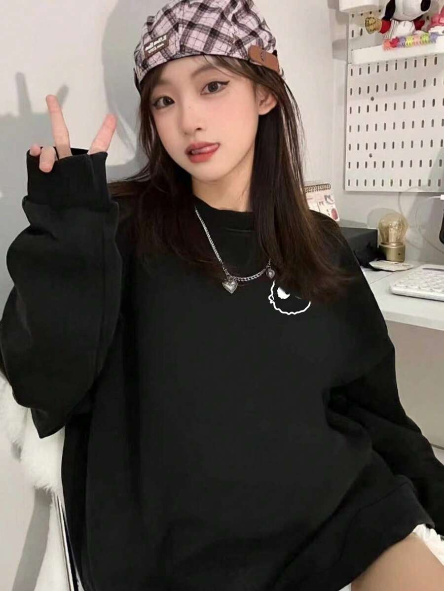 Niche Minimalist Little Coal Ball Cartoon Logo Print Black Crew Neck Sweatshirt Women Autumn Loose Fit Slimming - Black - View 1