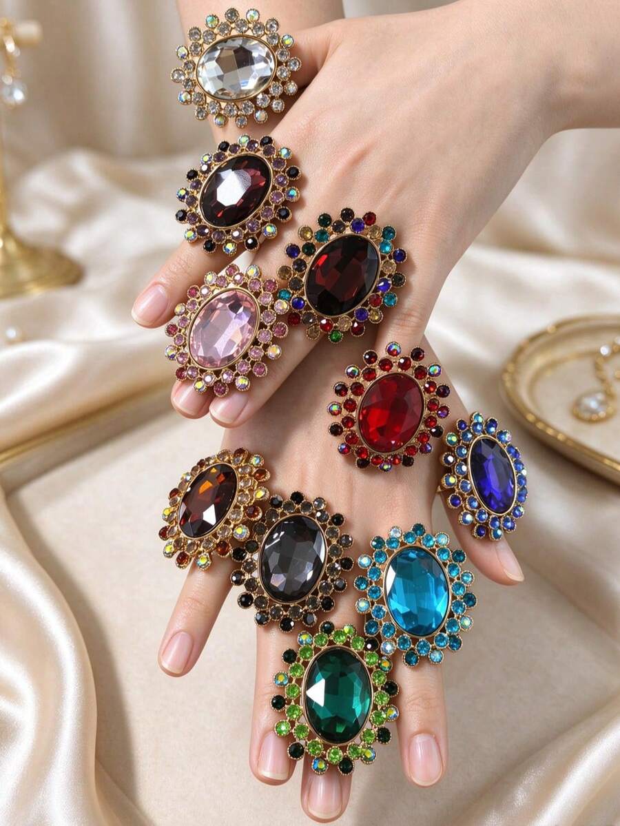 1pc Fashionable Oval Crystal Rhinestone Open Ring - 11297 Oval Large Glass - View 1