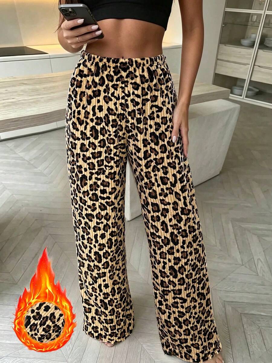 1pc Plush Loose Leopard Print Elastic Waist Long Pajama Pants
