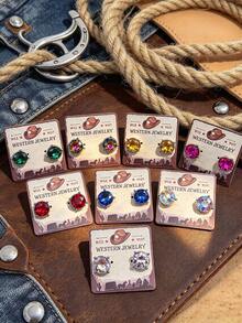 Western Cowboy Style Round Rhinestone Stud Earrings, Vintage Southwestern Single Shiny Crystal Exaggerated Stud Earrings For Women, Cowboy Rodeo Country Music Festival Party Jewelry Gift, Suitable For Daily Wear, Dates, Theme Parties, Will Surely Receive Many Compliments From Friends After Wearing - Round Earrings - View 3