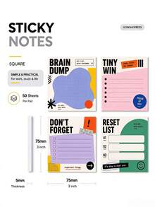 4 Packs Total 200 Sheets Efficient Sticky Notes 75x75mm (3x3 Inch) Brainstorming "Don't Forget" "Small Achievement" "Reset" Checklist Memo Pads Self-Adhesive Reminder Notes Suitable For Office, School, Work, Desk - one-size - View 4