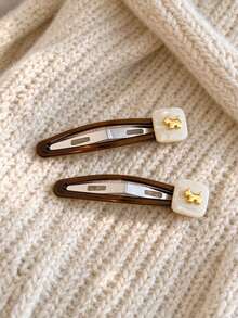 2pcs Vintage Tortoise Shell Puppy Metal Hair Clips, French Delicate Cream White Square Puppy BB Clips, Side Bangs Clips For Girls, Daily Versatile Atmosphere Hair Accessories - Multicolor - View 4