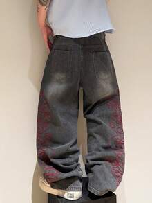 1pc Men's Vintage American Street Style Embroidered Wide Leg Jeans, Loose & Comfortable Casual Pants, Versatile For All Seasons (Belt And Accessories Not Included) - Dark Grey - View 3