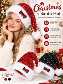 New Christmas Hat With Red Ribbon Doll Decoration Attachment, Large Thick Long Fur Christmas Hat, Holiday Atmosphere Decoration - Multicolor - View 2