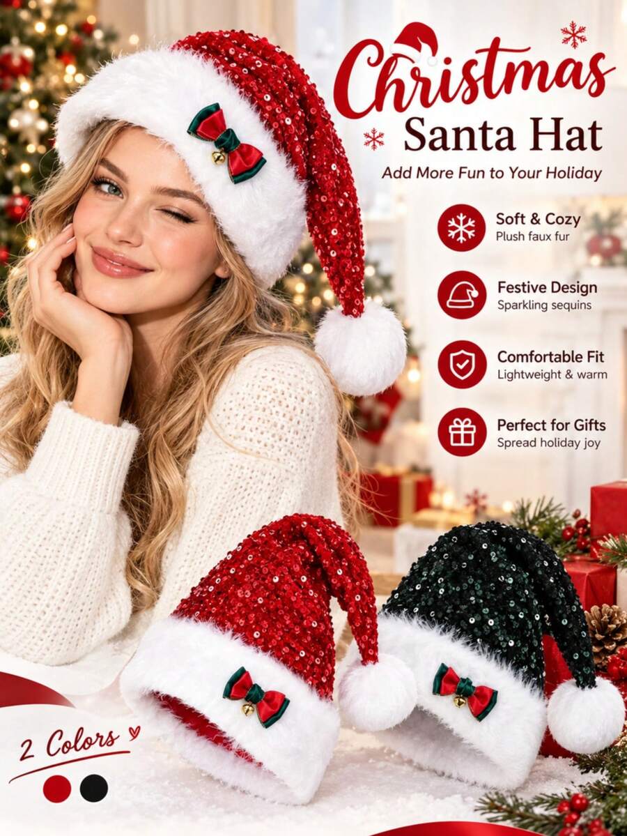New Christmas Hat With Red Ribbon Doll Decoration Attachment, Large Thick Long Fur Christmas Hat, Holiday Atmosphere Decoration