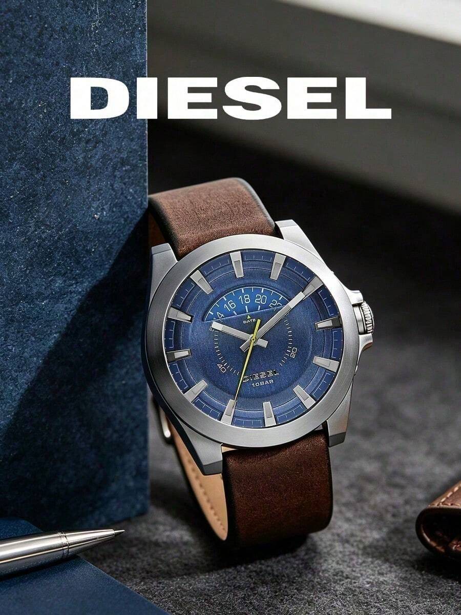 Jam Tangan Pria Diesel DZ1661 Gaya Jalanan Tangguh, Casing Perak Mengkilap, Dial Biru Cerah dengan Aksen Kuning, Tali Cokelat, Desain Maskulin yang Berani, Cocok untuk Pemakaian Sehari-hari - Biru - View 1