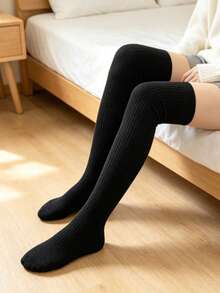 1 Pair Women's Solid Color Ribbed Knit Over-The-Knee Long Socks, Black & Grey Classic Colorway, Autumn/Winter Preppy Style Versatile Long Socks, Suitable For Pairing With Short Skirts And Boots - Multicolor - View 2