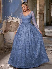 Elegant Summer/Autumn (Non-Positioned Floral) V-Neck Long Sleeve Embroidered Lace Sheer Satin Belt Full Skirt Maxi Dress, Suitable For Party, Ball, Holiday, Wedding - Dusty Blue - View 1