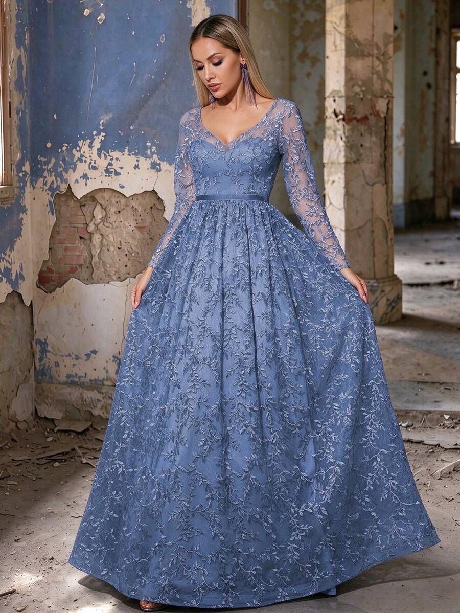 Elegant Summer/Autumn (Non-Positioned Floral) V-Neck Long Sleeve Embroidered Lace Sheer Satin Belt Full Skirt Maxi Dress, Suitable For Party, Ball, Holiday, Wedding - Dusty Blue - View 1