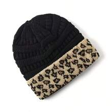1 Women's Leopard Print Cuff Knitted Beanie, Unisex, Warm Solid Textured Winter Outdoor Ski Hat - A - View 4