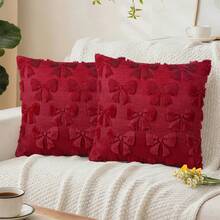 1pc Bowknot Tufted Pillowcase, Multi-Color Textured Pillowcase, Sofa Cushion Cover, Bohemian Style Home Decor, Farmhouse Living Room Sofa Home Decor, Pillow Insert Not Included - Burgundy - View 3