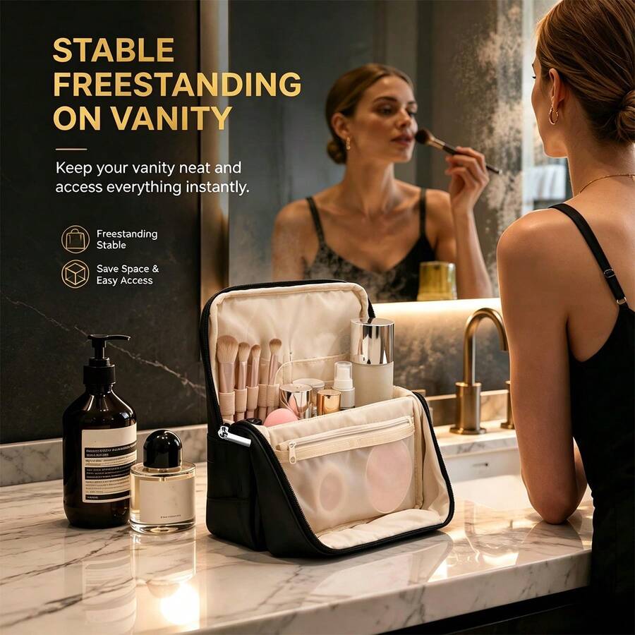 Standing Vanity Storage Box With Multi-Compartment Dividers, Large Capacity Main Compartment, Waterproof Mesh Pocket, Pressure-Resistant & Non-Deforming Cosmetic Organizer, Portable Business Travel Makeup Bag, Fits Luggage