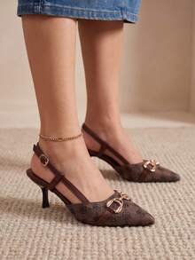 Brown Printed Pointed Toe Stilettos High Heels, Classic Metal Buckle Stiletto Pumps, Suitable For Summer Commute, Date, Banquet, Party - Brown - View 3
