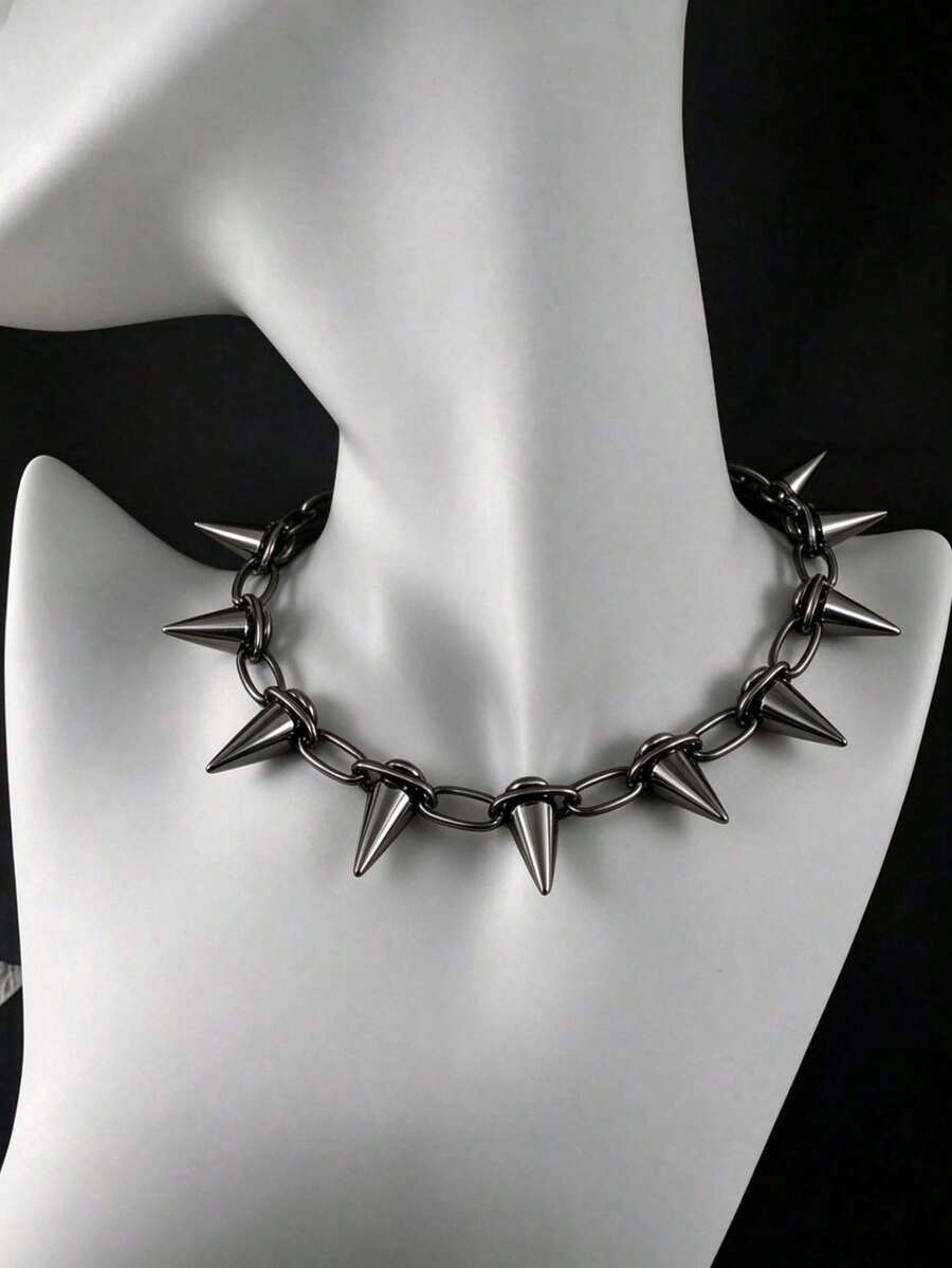 1pc Punk Studded Choker Necklace, Y2K Rock Style Chunky Chain Neck Decor, Suitable For Women's Party And Daily Wear, Music Festival Dance Party Accessory, Halloween Accessory (Material Is CCB Plastic, Relatively Lightweight) - Black - View 1